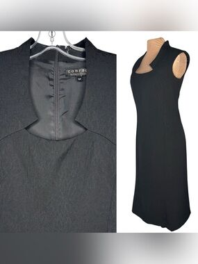 COMRAGS Black wool brocade Sleeveless Dress Sculpted Neckline sz.Small tailored